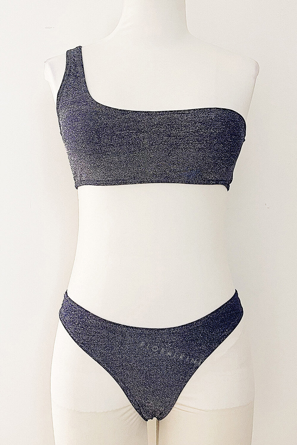 Shimmer Lurex One Shoulder High-Cut Bikini Set Blue