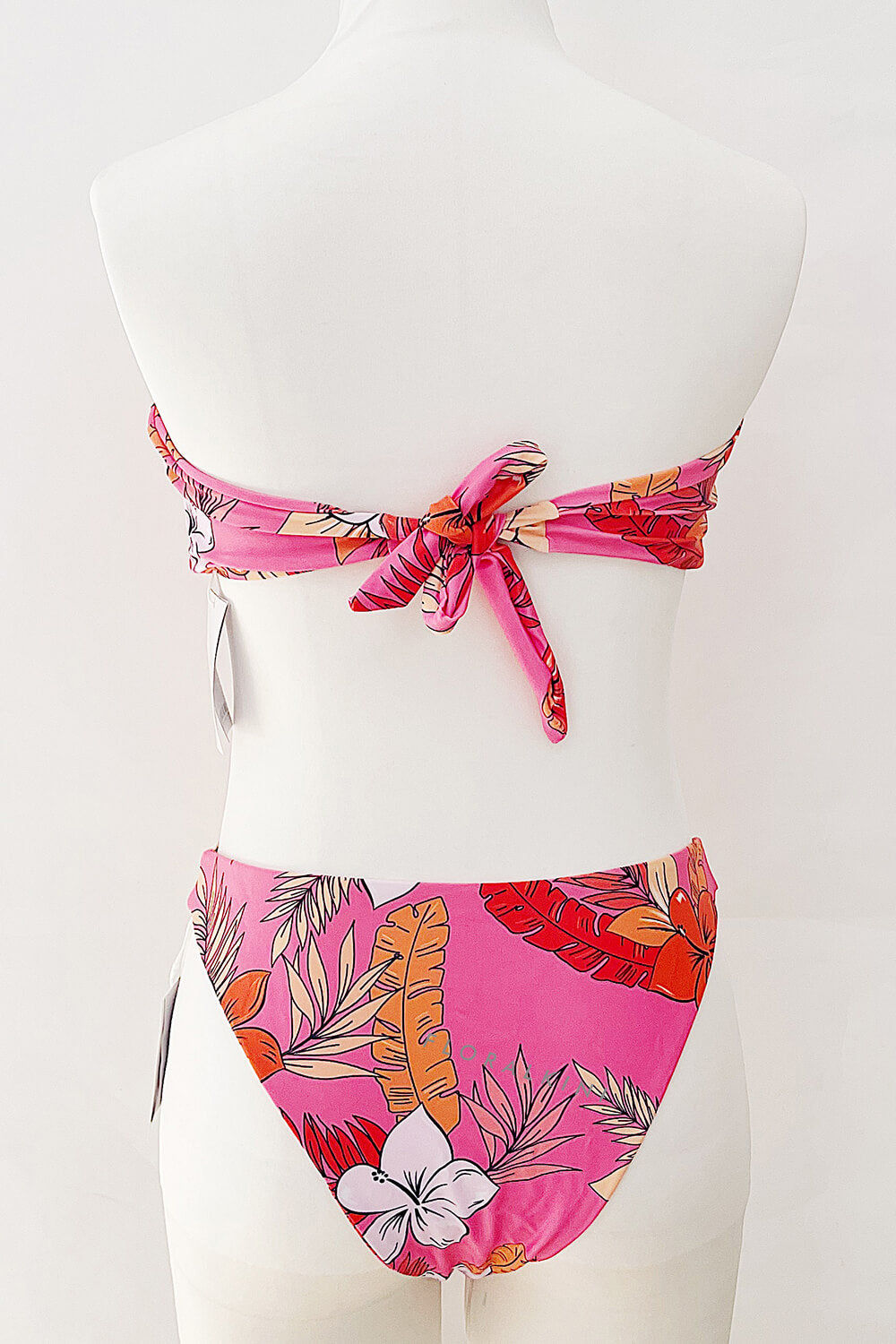 Strapless Bandeau High Cut Bikini Set With Tortoise Shell O-Ring Detail - Pink Floral