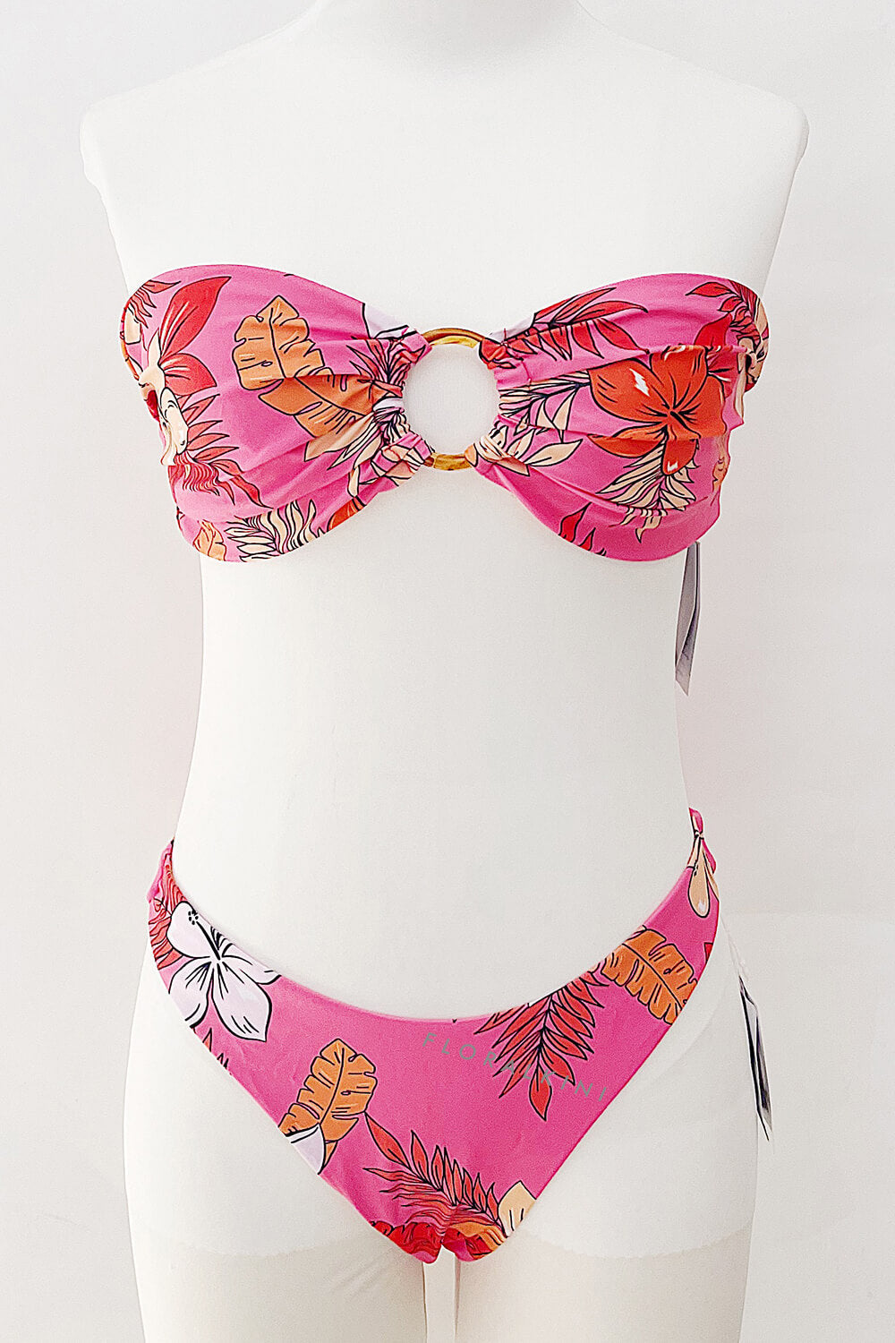 Strapless Bandeau High Cut Bikini Set With Tortoise Shell O-Ring Detail - Pink Floral