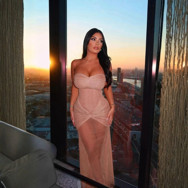 The Monaco Luminescence Evening Draped Maxi Strapless Dress
