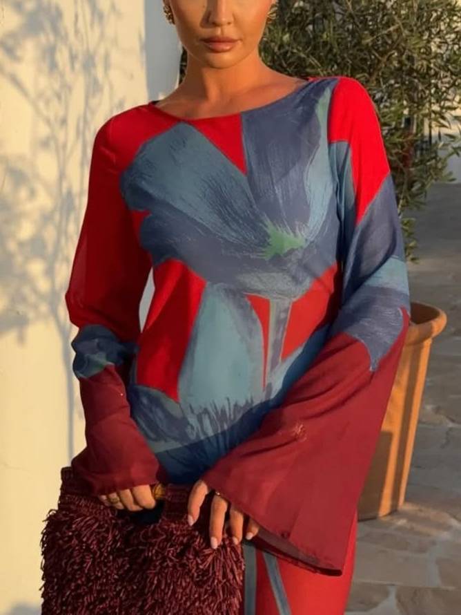 Einzigartiges bedrucktes Maxikleid mit langen Ärmeln
