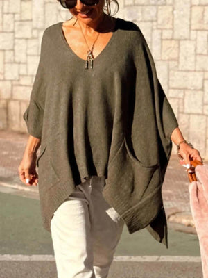 Klassischer, modischer, mittellanger Strickpullover mit V-Ausschnitt und lockerer Tasche