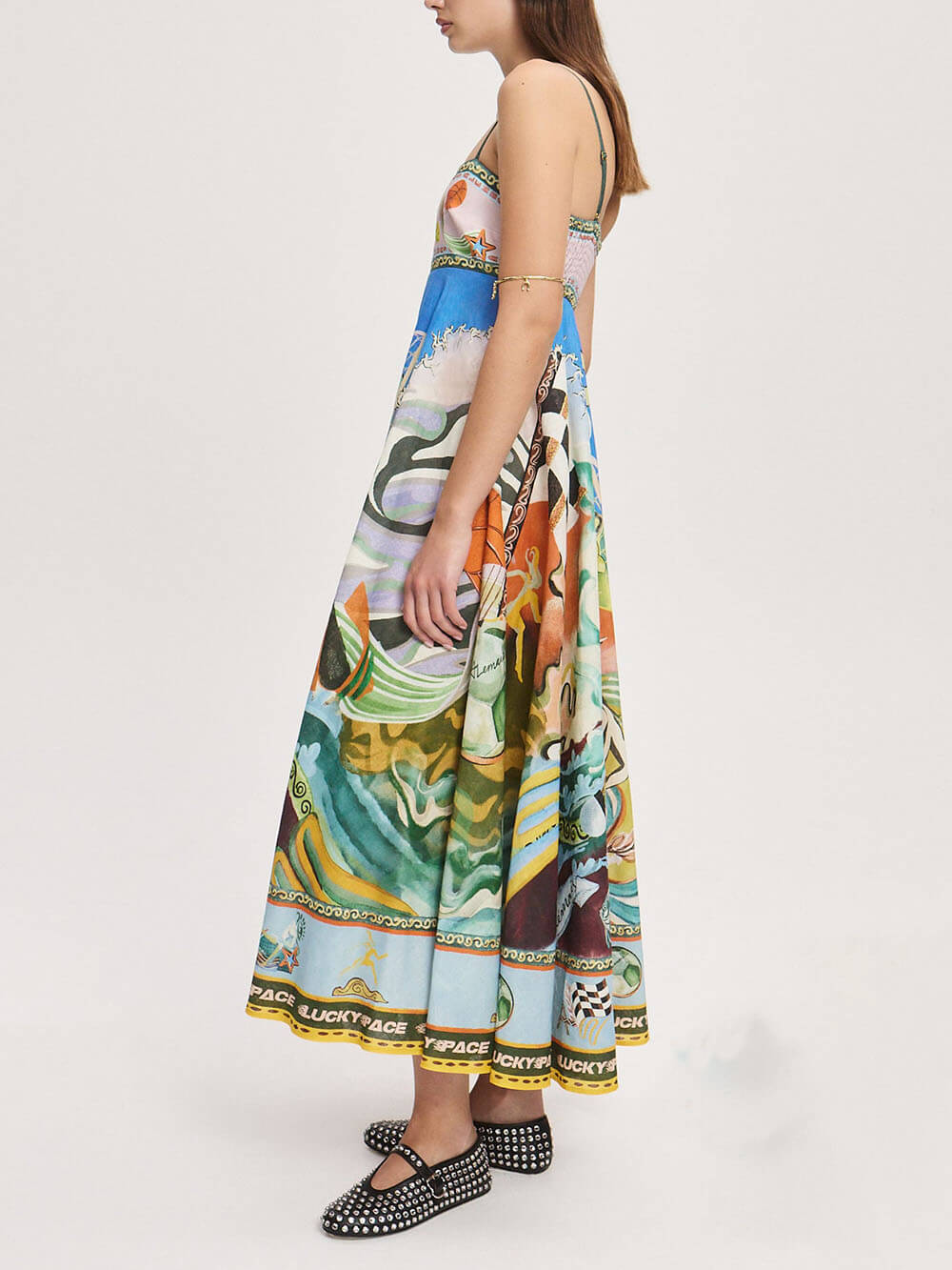 Lässiges, einzigartiges Musterdruck-Maxikleid mit Hosenträgern