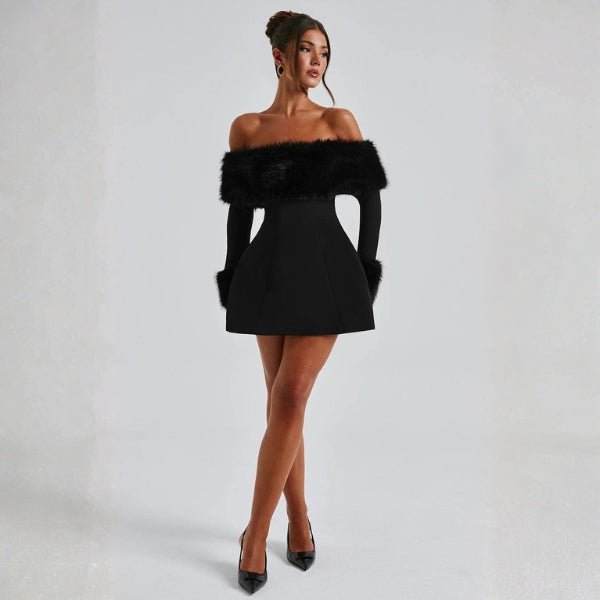 The Valentina Structured Off-Shoulder Faux Fur Mini Dress