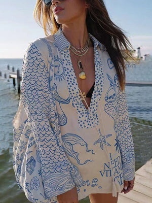 Unique „Live By Water“-Set aus Satin-Shirt mit Quasten und elastischer Taille