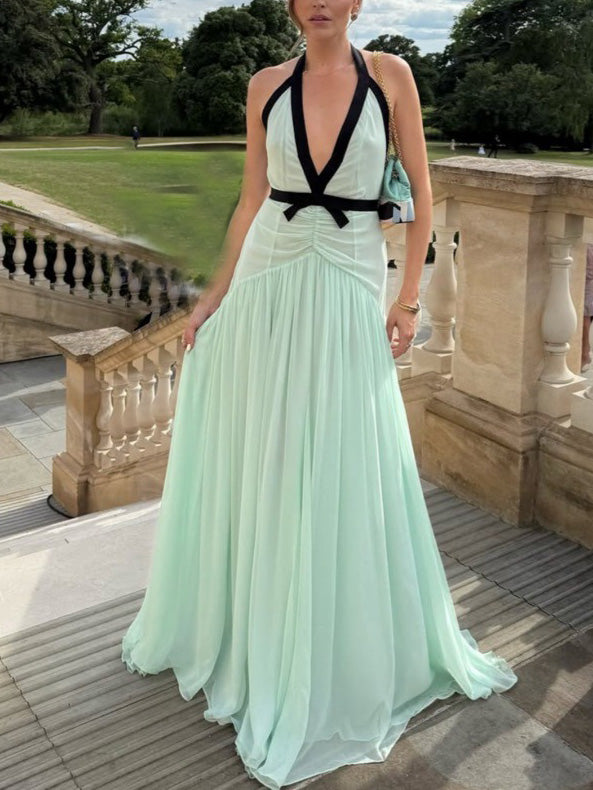 Elegantes, fließendes Chiffon-Maxikleid mit V-Ausschnitt und Schleife