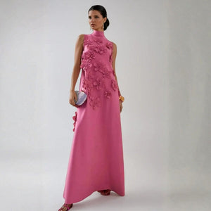 The Verona Floral-Appliqué Mock-Neck Maxi Dress