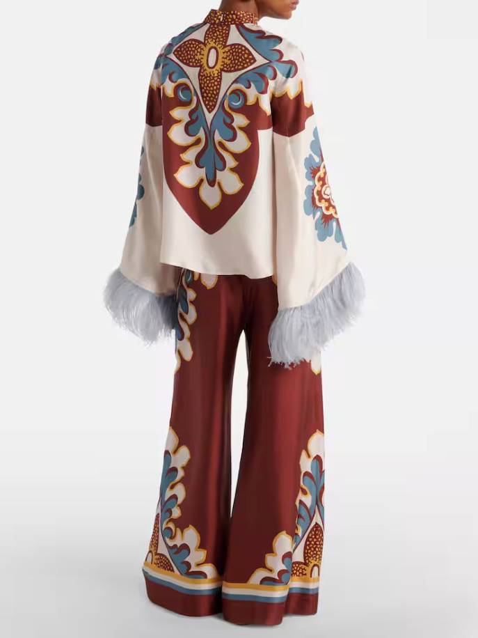 Unique Printed Feather Shirt And Wide Leg Pants Suit-Pants