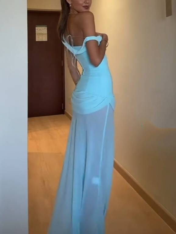 Oblique Shoulder Perspective Skirt Maxi Dress