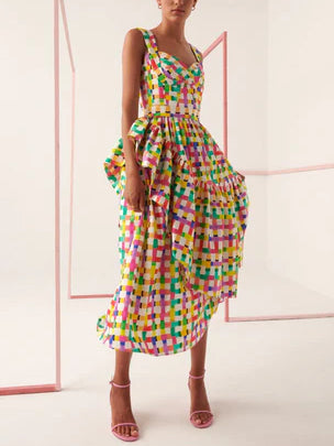 Rainbow Color Check Print Suspender Dress