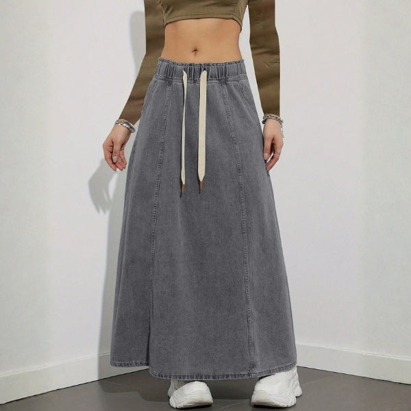 The Shoreline Drawstring Denim Maxi Skirt