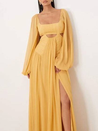 Vintage Maxikleid mit quadratischem Kragen und Hohldesign und langen Ärmeln