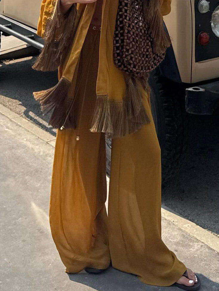 Elegant Drawstring Waist Wide-Leg Pants