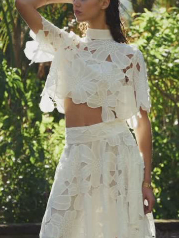 Elegant High Collar Embroidered Lace Short Shirt