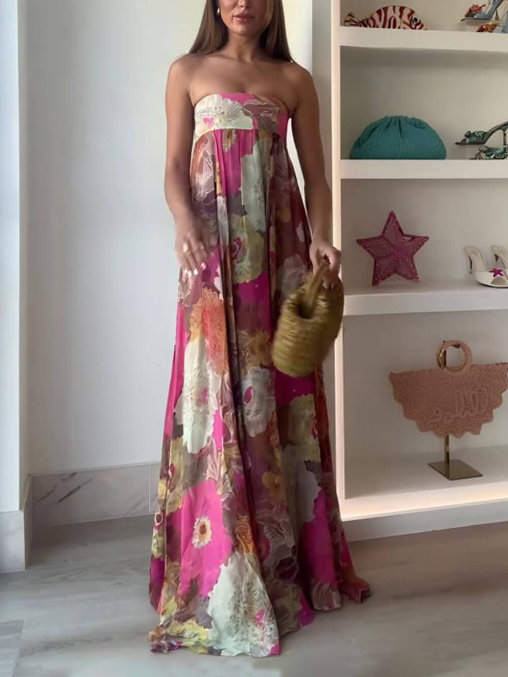 Schulterfreies Maxikleid in A-Linie mit ethnischem Blumendruck