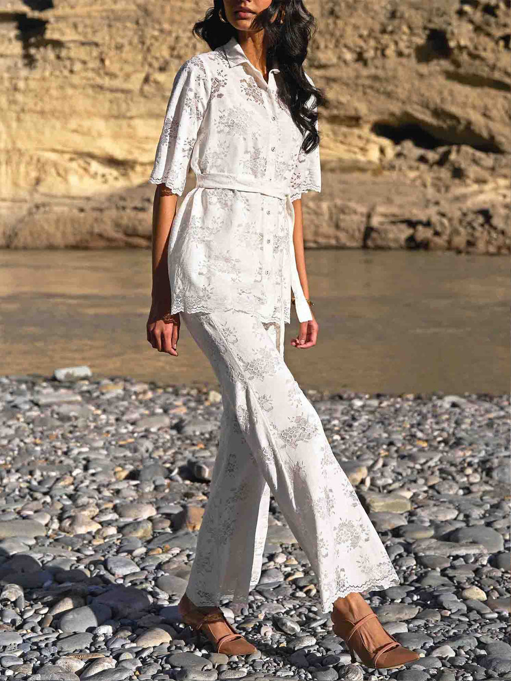 Elegant Floral Lace Elastic Waist Flared Pants