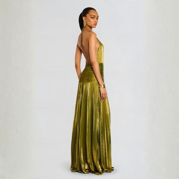 The Peridot Evening Draped Halter Maxi Dress