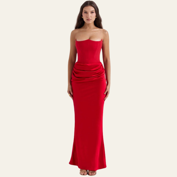The Vienna Satin Draped Evening Maxi Strapless Dress