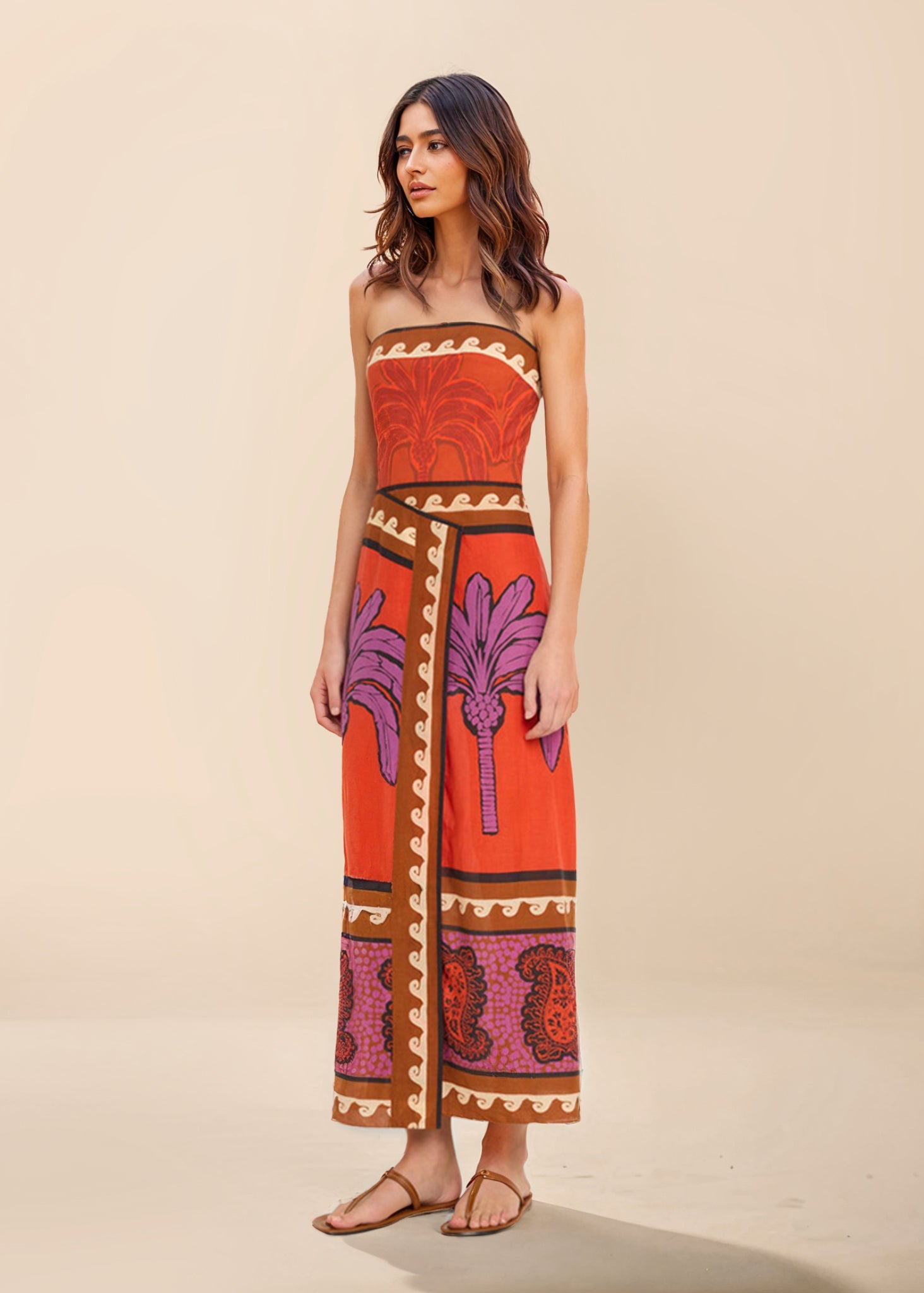 Unique – Schulterfreies Midikleid mit Palmen-Blumenmuster
