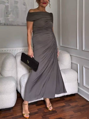 Off-shoulder Pleated Irregular Hem Maxi Dress