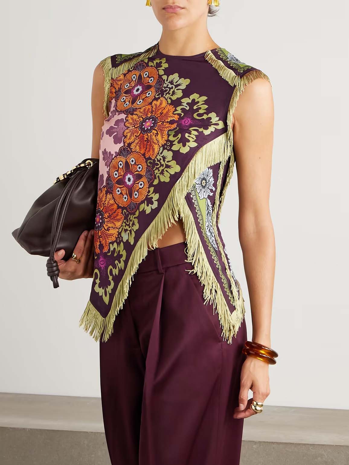 Unique Vintage Floral Print Tassel Tank Top