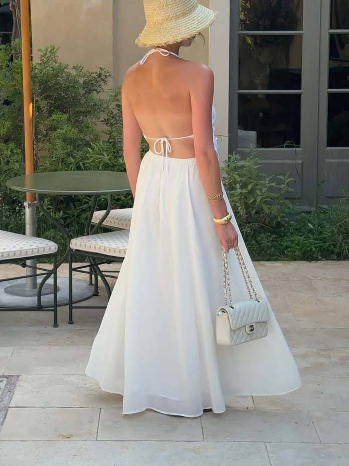 Halter Neck Backless Lace Top And Skirt Set-Top