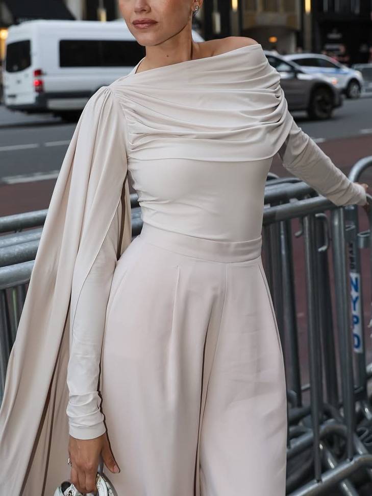Pleated Ribbon Top And Pants Suit