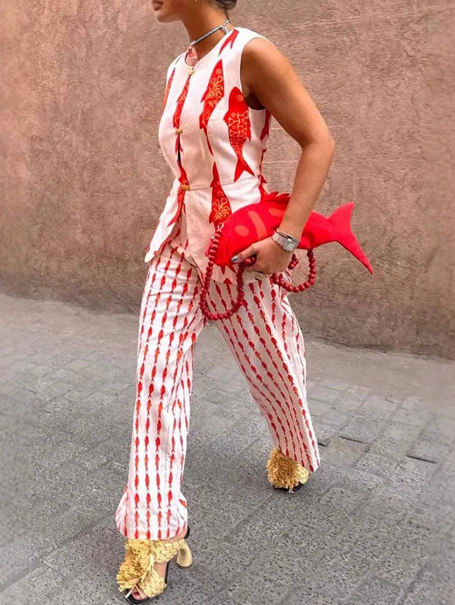 Einzigartige Hose mit weitem Bein und elastischer Taille und Glücksfisch-Print