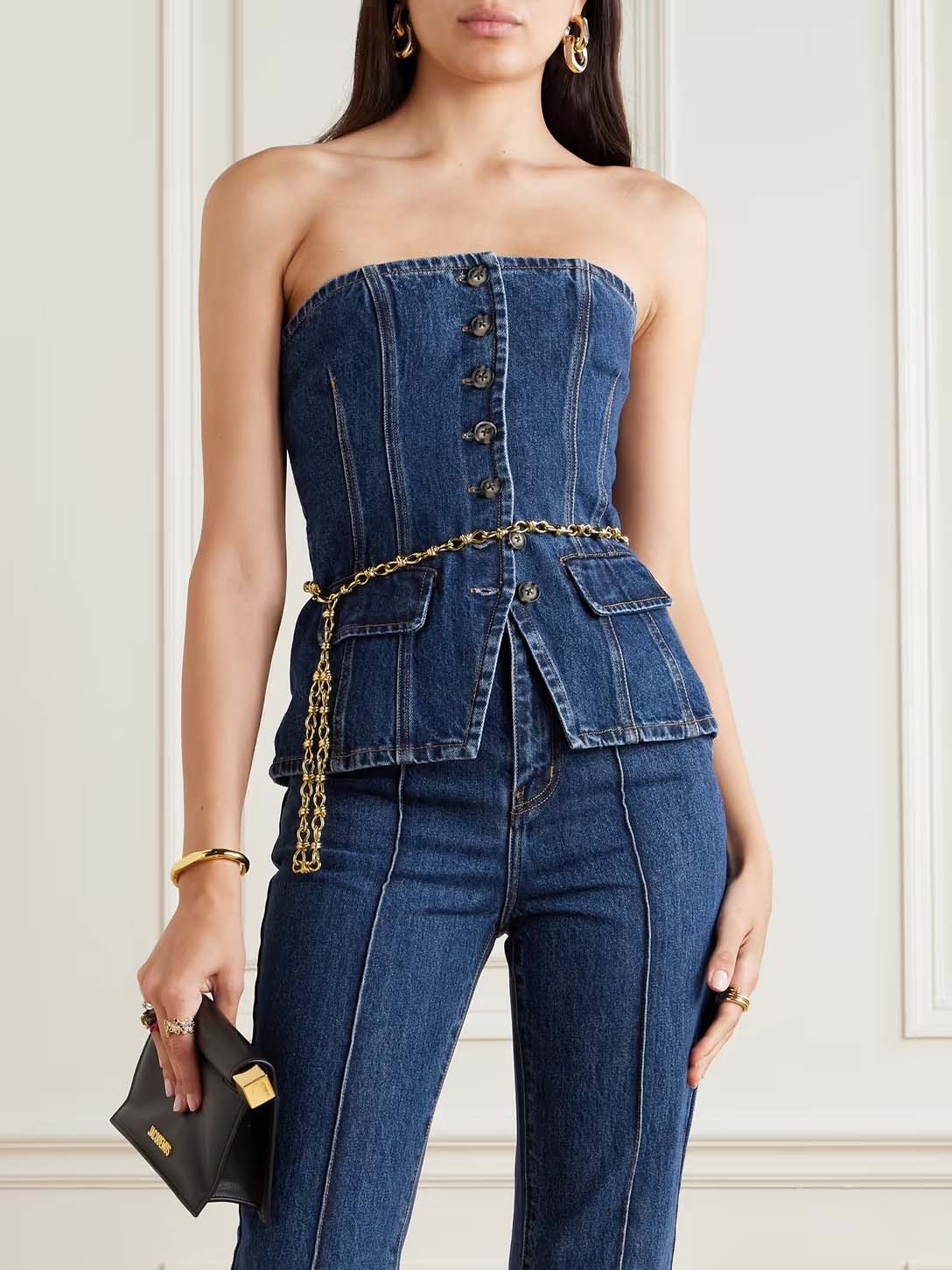 Haut corset en jean boutonné sans bretelles chic