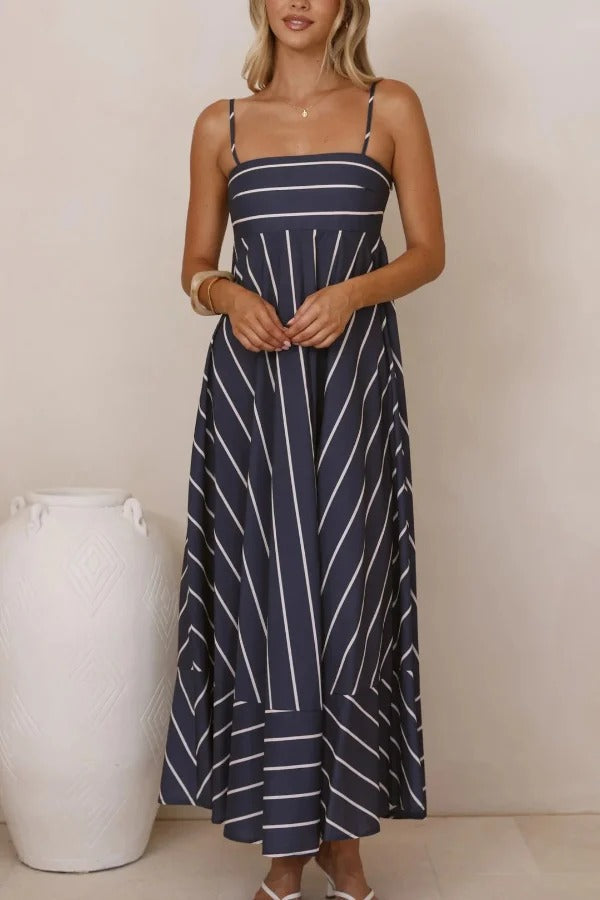Striped Print Square Neck Spaghetti Strap High Waist Casual Maxi Dress