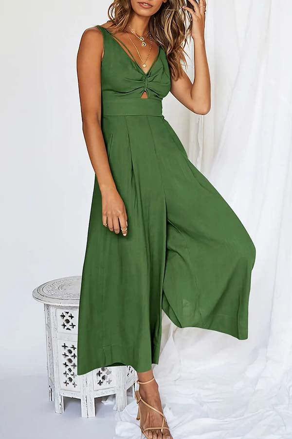 2023 SUMMER V NECK CUTOUT ADJUSTABLE STRAPS WIDE LEG JUMPSUITS Green