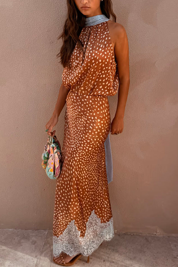 Halter Tie Lace Panel Polka Dot Top