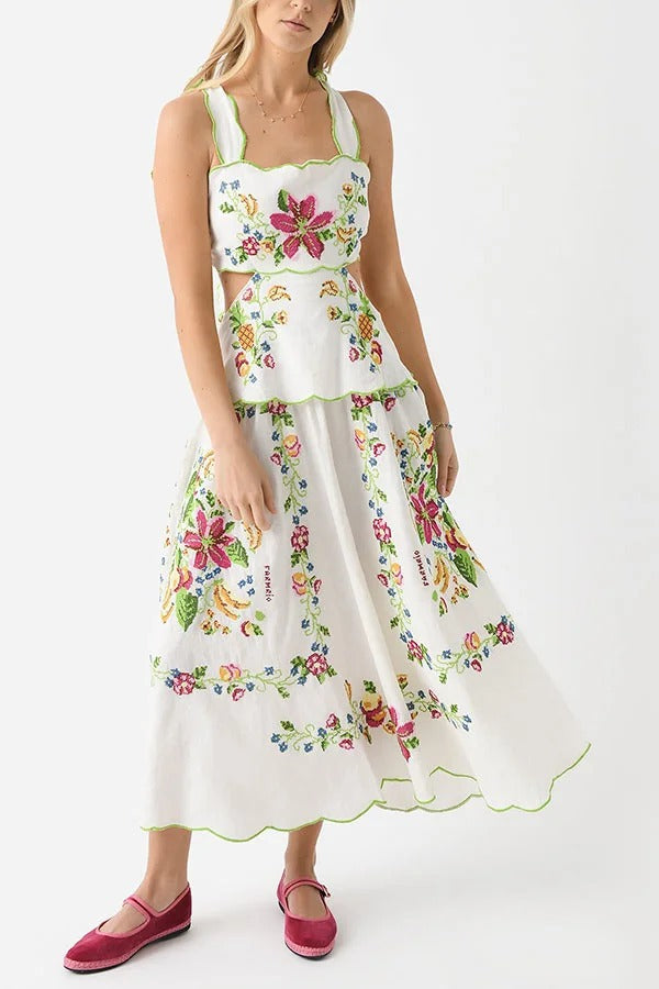 Tropical Romance Printed Tie-up Cutout Waist Midi Dress