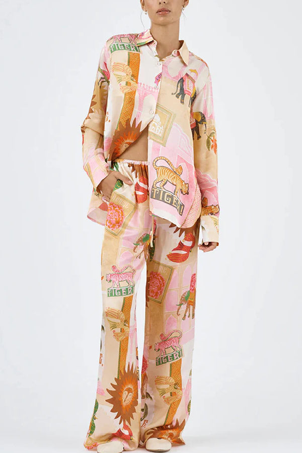 Unique Printed Casual Long Sleeved Shirt Top and Elastic Waist Loose Pants Sets Pink