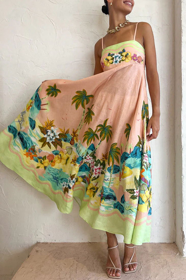 Coconut Scenery Linen Blend Tropical Print Smocked Back Midi Dress Pink