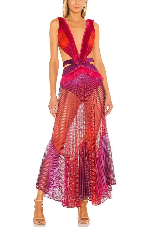 Sexy See-through Mesh Lace Resort Beach Skirt Mauve