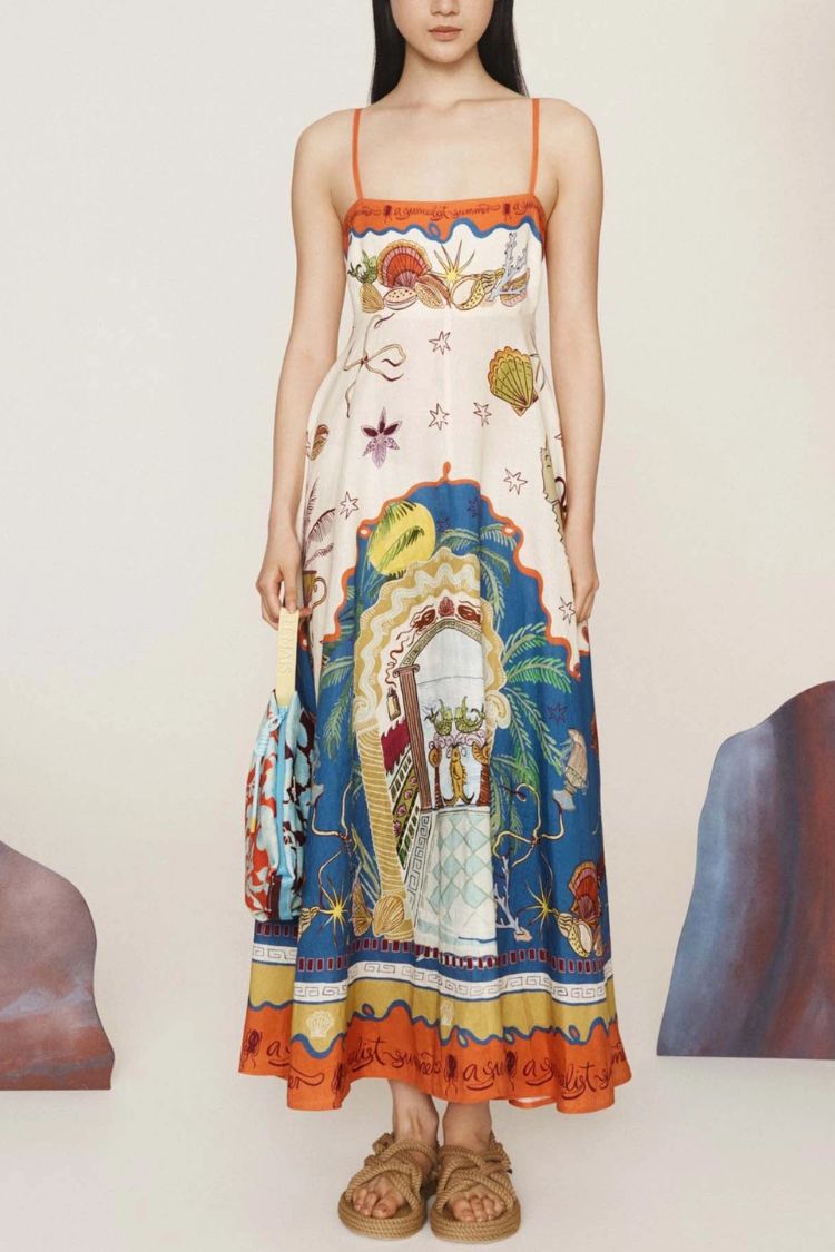 Summer Vacation Dreamy Ocean Print Sling Midi Dress Multicolor