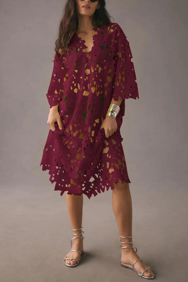 I Belong Here Floral Eyelet Lace Cover Up Beach Midi Dress Red ONE SIZE