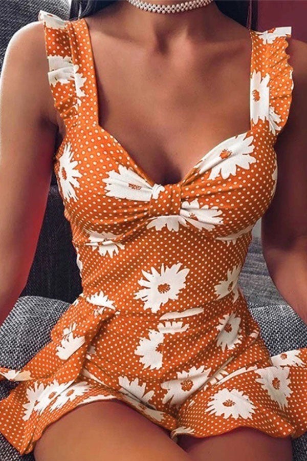 Flower Printed Suspender Chic Mini Dress Orange