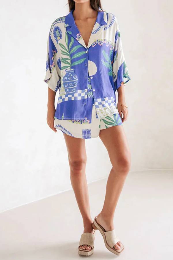 Fashion Holiday Print Shirt & Skirt Two-Piece Set