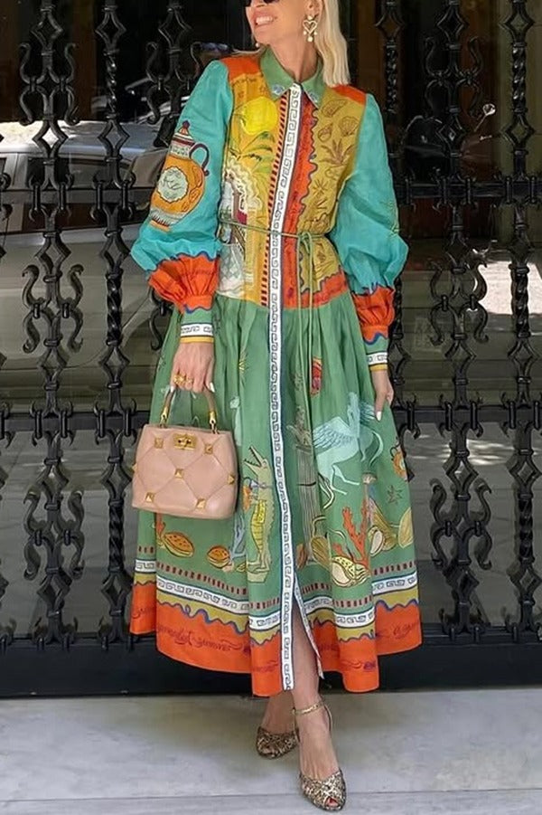 Puts A Smile Unique Print Lapel Lantern Sleeve Waist Tie Midi Dress Multicolor