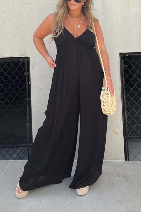 Effortless Back Tie-up Pocketed Wide Leg Cami Jumpsuit Black