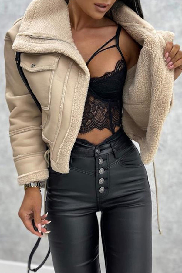 Lambswool short zipper biker jacket Beige