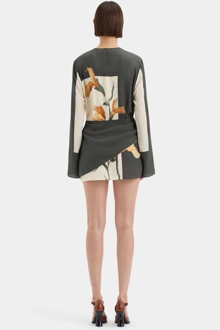 Constance Floral Print Twist Waist Long Sleeve Lightweight Mini Dress