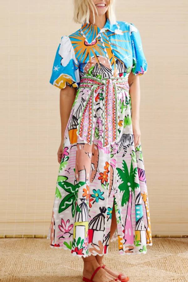 Whimsical African Safari Print Puff-Sleeve Shirt Dress