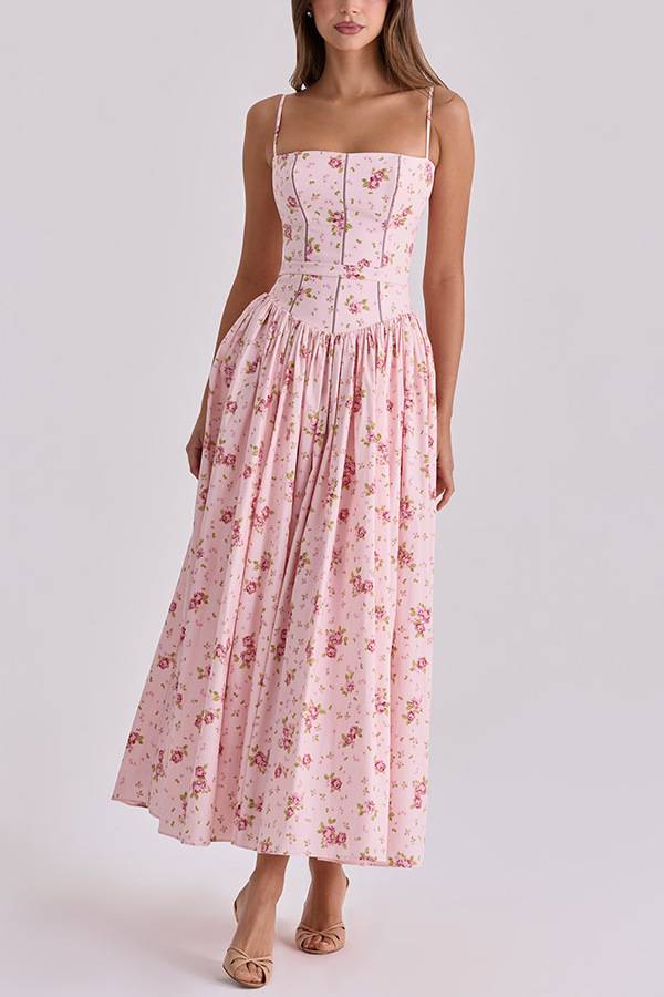 Spaghetti Strap Corset Floral Midi Dress