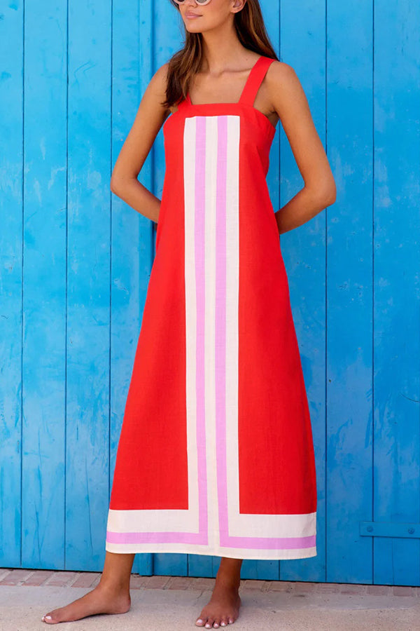 Striped Print Resort Style Casual Sling Maxi Dress Red