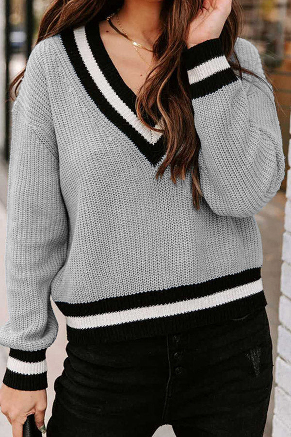V-neck long-sleeved color-block sweater Grey