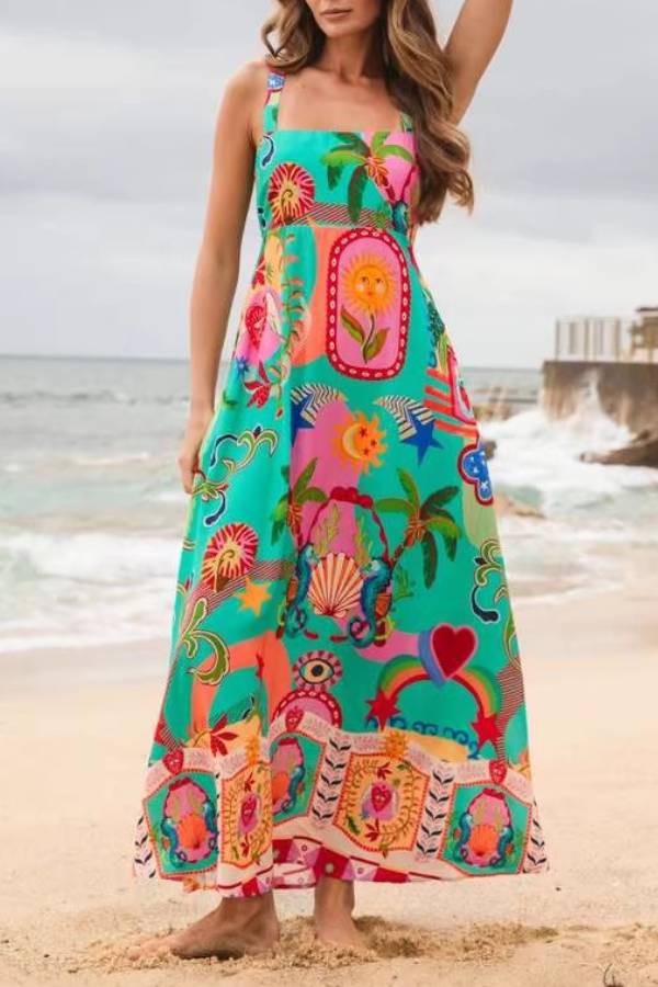 Tropical Graffiti Print Square-Neck Maxi Dress
