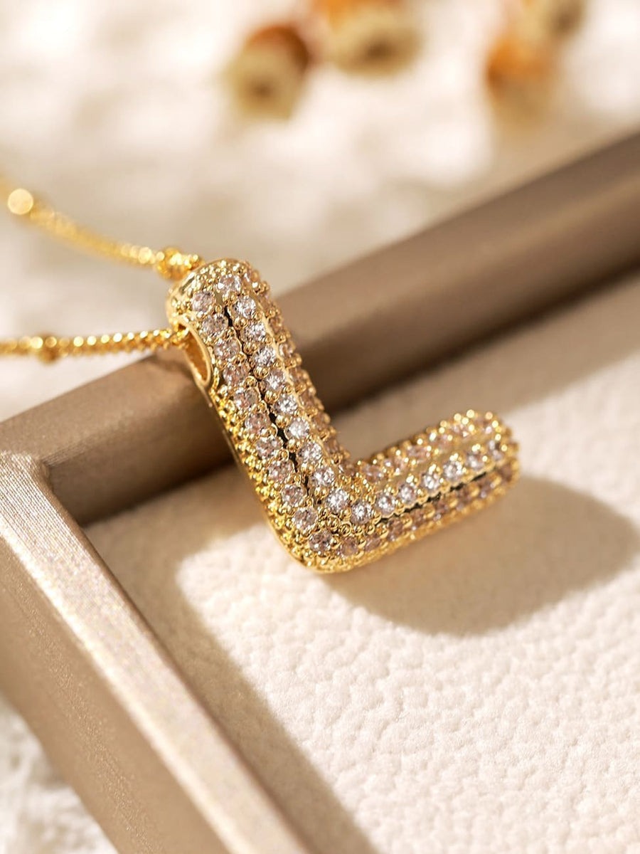 Pavé Bubble Letter Monogram Necklace Gold L